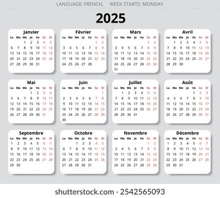 2025 FRENCH calendar. Vector illustration for France. 12 months year calendrier