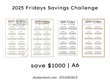 2025 Fridays Money Saving Challenges Printable and Weekly Savings Tracker, Finance Planner Notebook A6 format, save 1000 dollars.