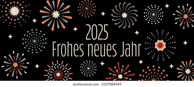 2025 Frohes neues Jahr - text in German language - 2025 Happy New Year. Greeting card with colorful fireworks.