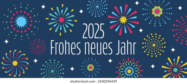 2025 Frohes neues Jahr - texto em alemão - 2025 Feliz Ano Novo. Cartão comemorativo com fogos de artifício coloridos.