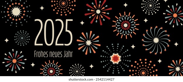 2025 Frohes neues Jahr - texto en idioma alemán - 2025 Feliz año Nuevo. Tarjeta de felicitación con fuegos artificiales coloridos.