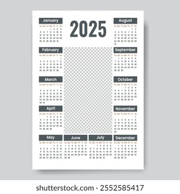 2025 Full page calendar design start on sunday vertical format A4 new year design