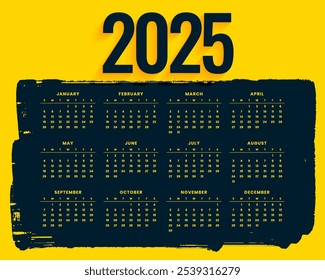 2025 full page calendar template with brush stroke effect vector