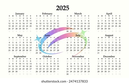 2025 Full Template Calendar: Trendy Minimalist Design. The week starts on Sunday. Perfect for planners, desk calendars, wall calendars, print media, advertisements, and office stationery