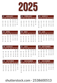 Calendário de 2025 Ano Completo em Vermelho e Branco Profundo