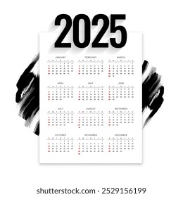 2025 full year calendar layout with brush stroke effect vector
