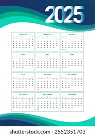 2025 full year calendar layout in wavy style vector