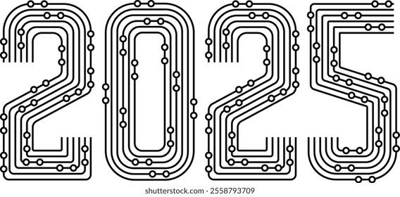 2025 futuristic electronic circuit lines and nodes celebrating new year