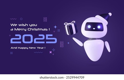 2025 futuristic New Year banner with 3d chatbot in Santa hat holding gift box. Future Christmas greeting vector illustration with graphic confetti and text. Artificial intelligence server technology.