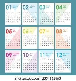 2025 geometric calendar starts from Sunday, 12 cards boards