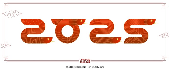 2025 geometric Chinese Happy New Year snake banner. Red abstract China zodiac animal serpent set. Asian modern shapes with linear pattern logo. Frame template for eps oriental calendar or poster