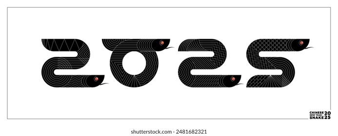 2025 geometric chinese Happy New Year snake banner. Black abstract China zodiac animal serpent set. Asian modern shapes with linear pattern logo. Template for oriental calendar or poster. Vector eps