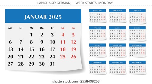 2025 german calendar collection with 12 months. Vector illustration set like paper page for Germany