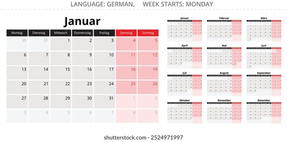 2025 Kalenderkollektion - Kalender. Vektorgrafik-Set der Monatseite für Deutschland.