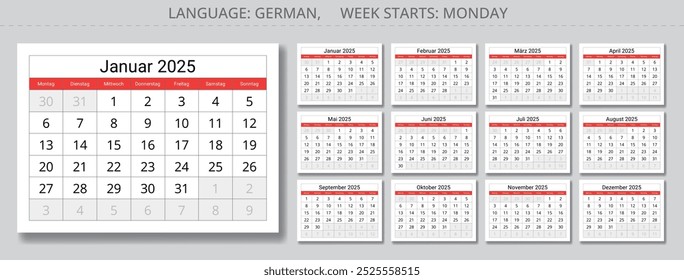 2025 german calendar collection - Kalender. Vector illustration set of monthly paper page for Germany.