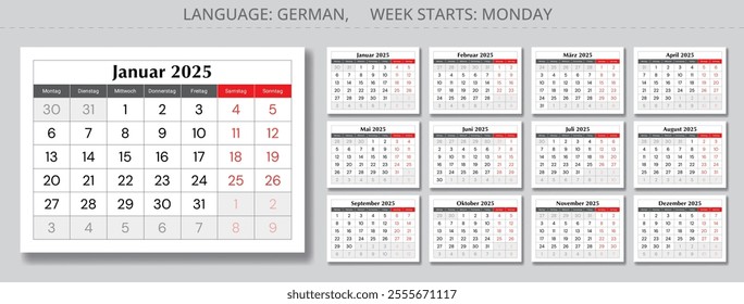 2025 german calendar - Kalender. Vector illustration collection of monthly paper page for Germany