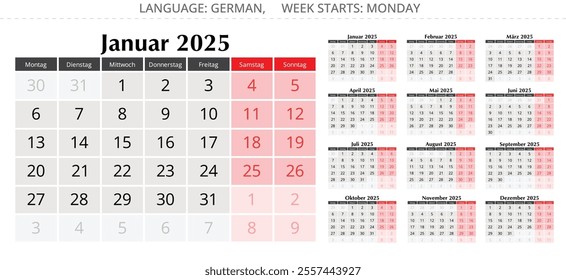 2025 german calendar - Kalender. Vector collection of monthly page illustrations for Germany