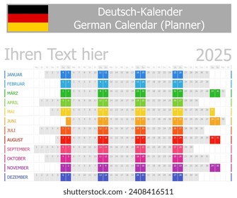 2025 German Planner Calendar with Horizontal Months on white background