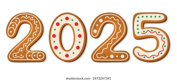 Galletas de pan de jengibre 2025 con glaseado multicolor. Año Nuevo, dulce, postre o tema de vacaciones de invierno. Ilustración vectorial aislada sobre fondo blanco. 