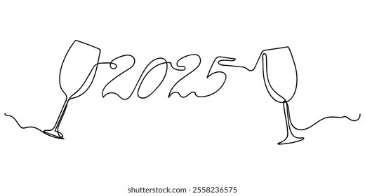 2025 with glasses of champagne One continuous line drawing vector on a white background. Doodle vector illustration. Single line New Year concept. Line art, outline, banner in minimalism style.