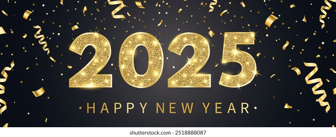 2025 glitter light number and golden confetti. Happy New Year greeting card. Merry Christmas border with text and decor. Congratulation party banner. Gold and black celebration. Vector illustration.