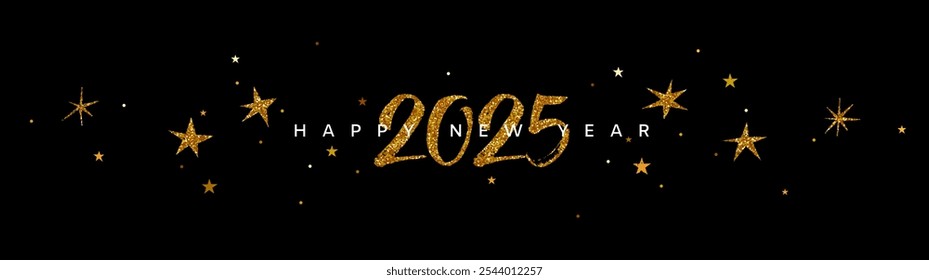 2025 gold glitter numbers and stars banner, New Year border