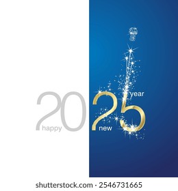 2025 Gold Happy New Year sparkle firework on two fold white blue background greeting card
