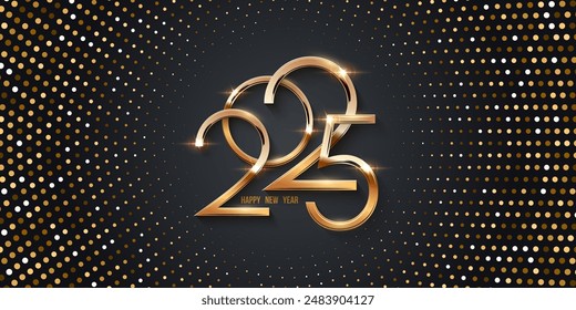 Números de oro de 2025 en la Plantilla de Vector de tarjetas de felicitación del Año Nuevo. Navidades festivas diseño de Anuncio de medios sociales con semitono y felicitaciones. Números dorados con confeti sobre fondo negro.