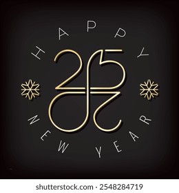 2025 Gold Numerals Logo Authentic Sign with Zeroes Making Mobius Loop Impossible Figure and Happy New Year Greetings Lettering - Golden on Black Background - Vector Gradient Graphic Design