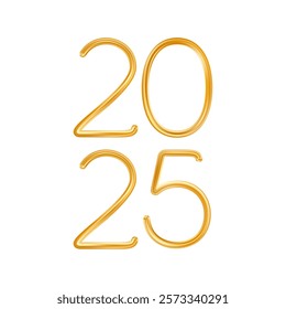 2025 Gold Thin Realistic New Year Number. Golden realistic New Year symbol. Luxury holiday decoration for calendar, poster and cards. Vector illustration isolated on white background. EPS 10.