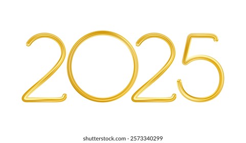 2025 Gold Thin Realistic New Year Number. Golden realistic New Year symbol. Luxury holiday decoration for calendar, poster and cards. Vector illustration isolated on white background. EPS 10.