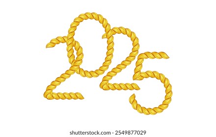 2025 gold twisted rope number. Thin cord realistic New Year symbol. Luxury holiday decoration for calendar, poster and cards. Vector illustration isolated on white background. EPS 10.