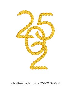 2025 gold twisted rope number. Thin cord realistic New Year symbol. Luxury holiday decoration for calendar, poster and cards. Vector illustration isolated on white background. EPS 10.