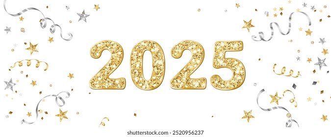 2025 golden glitter numbers. Happy new year banner. Background with gold and silver confetti. Flying ribbons and stars. Vector decoration. For Christmas and holiday headers, party flyers.