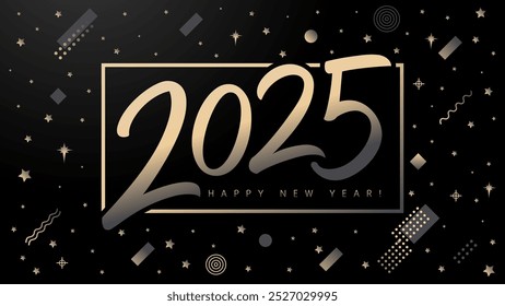 2025 golden luxury calligraphy, logo Happy New Year with memphis style elements. Premium greeting card with gold 2025 numbers, stars and memphis elements. Vector illustration