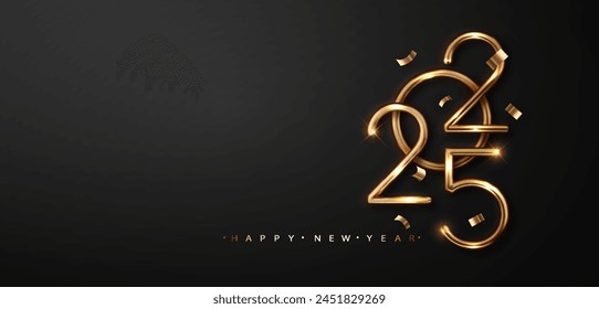 2025 golden number with falling confetti on black background. Greeting New Year and Merry Christmas design with realistic gold metal number of year.