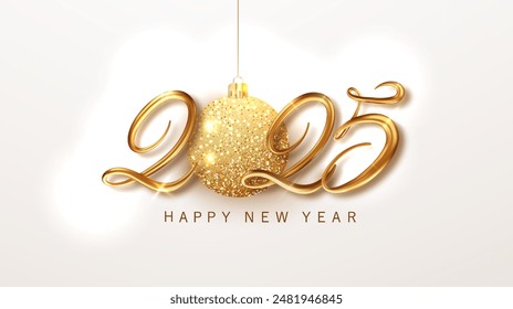 2025 golden numbers with gold glitter ball. Happy New Year and Merry Christmas banner design