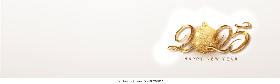 2025 golden numbers with gold glitter ball. Happy New Year and Merry Christmas banner design