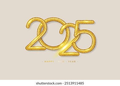 2025 Números de ouro, Feliz Ano Novo cumprimentos. Ilustração vetorial em estilo 3D realista