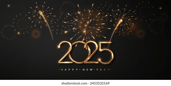 2025 golden on New Year dark background with fireworks. Celebration New Year's Eve. Golden fireworks on dark night sky