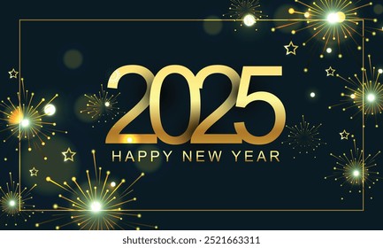 2025 golden on New Year dark background with fireworks. Celebration New Year's Eve. Golden fireworks on dark night sky