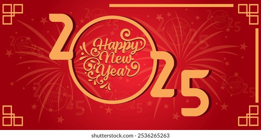 2025 golden on New Year red background with fireworks. Celebration New Year's Eve. Golden fireworks on dark night sky