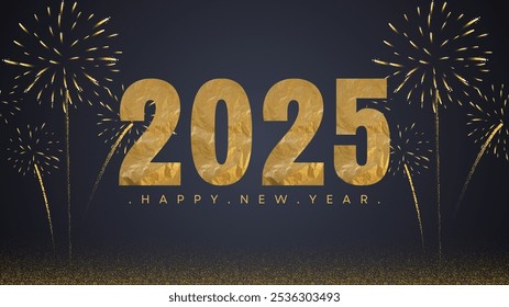 2025 golden on New Year dark background with fireworks. Celebration New Year's Eve. Golden fireworks on dark night sky. vector illustrator