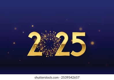 2025 golden on New Year dark background with fireworks. Celebration New Year's Eve. Golden fireworks on dark night sky