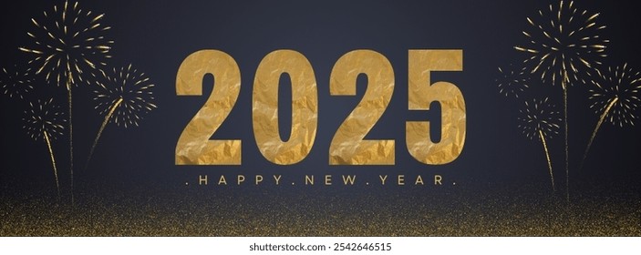 2025 golden on New Year dark background with fireworks. Celebration New Year's Eve. Golden fireworks on dark night sky. vector illustrator