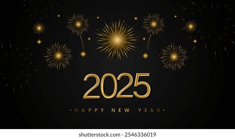 2025 golden on New Year dark background with fireworks. Celebration New Year's Eve. Golden fireworks on dark night sky