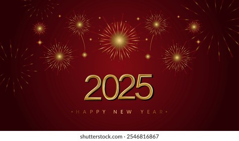 2025 golden on New Year dark red background with fireworks. Celebration New Year's Eve. Golden fireworks on dark night sky. Chinese new year 2025