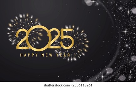 2025 golden on New Year dark background with fireworks. Celebration New Year's Eve. Golden fireworks on dark night sky