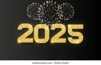 2025 golden on New Year dark background with fireworks. Celebration New Year's Eve. Golden fireworks on dark night sky