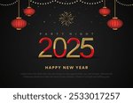 2025 golden and red on New Year dark background with fireworks and lantern. Celebration New Year